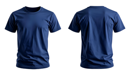 A front and back view of a plain, navy blue short-sleeved t-shirt on a black background