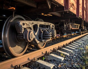 Close-up of a freight train's undercarriage and wheels on a section of tracks, emphasizing rust and weathering