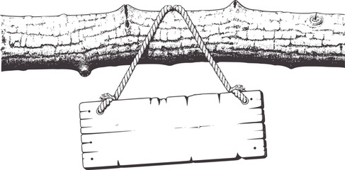 Black and white line of a hanging wooden sign with rope © Mehedy