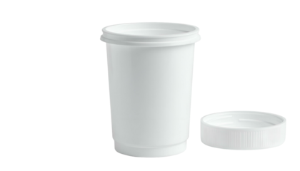 A white plastic container with a detached lid against a stark black background. The cylindrical vessel is empty