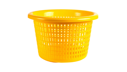 A vibrant yellow plastic basket with a rounded top and a grid-like pattern of holes, isolated on a black background