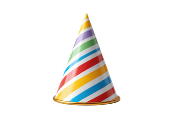 Cone shaped party hat with rainbow stripes and gold trim on black background birthday celebration, Png, Isolated on Transparent Background, Cut Out