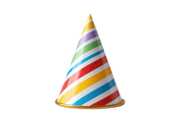 Cone shaped party hat with rainbow stripes and gold trim on black background birthday celebration, Png, Isolated on Transparent Background, Cut Out