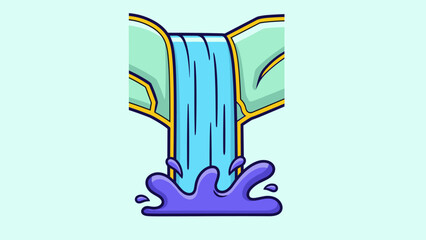 Cartoon Waterfall Illustration with Purple Splash and Golden Accents.