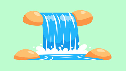 Cartoon Waterfall Scene with Rocks and Flowing Water Illustration.