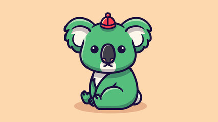 Adorable Green Koala with Tiny Red Hat Cartoon Illustration.