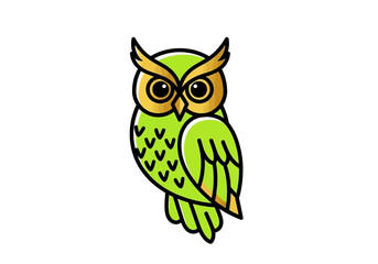 Stylized Green Owl Illustration with Golden Accents and Black Outline.