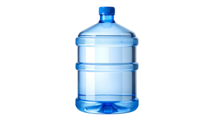 Large transparent plastic water container, holding purified liquid, against a black background. Cap is blue