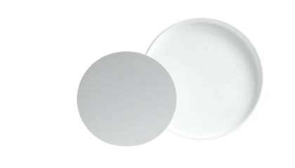 Minimalist composition featuring two overlapping circular plates with one in gray and the other in clean white