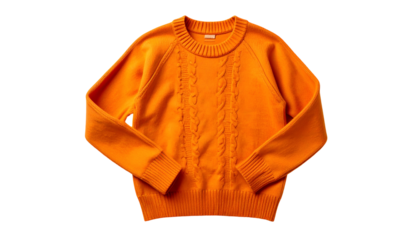 Bright orange knit sweater with ribbed cuffs, hem, and cable detailing on a dark background
