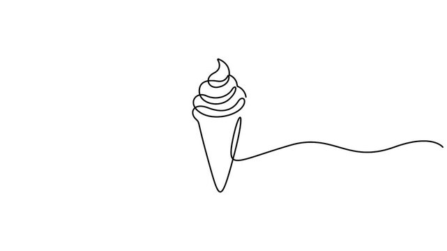 Self animated continuous line art illustration of an ice cream cone. An ice cream cone is a dry, cone-shaped pastry, typically made of a wafer or waffle-like texture, used to hold ice cream.