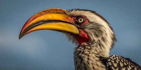 Obraz premium Yellow billed hornbill close up view featuring large curved beak and red throat skin against clear blue sky background outdoors