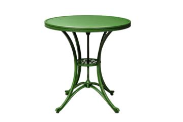 Green round bistro table with ornate metal base on black background image, Png, Isolated on Transparent Background, Cut Out