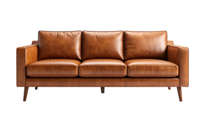 A modern, three-cushion leather sofa with rectangular arms and wooden legs