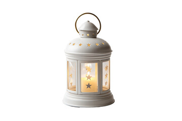 White metal lantern with star cutouts and lit candle inside on black image, Png, Isolated on Transparent Background, Cut Out