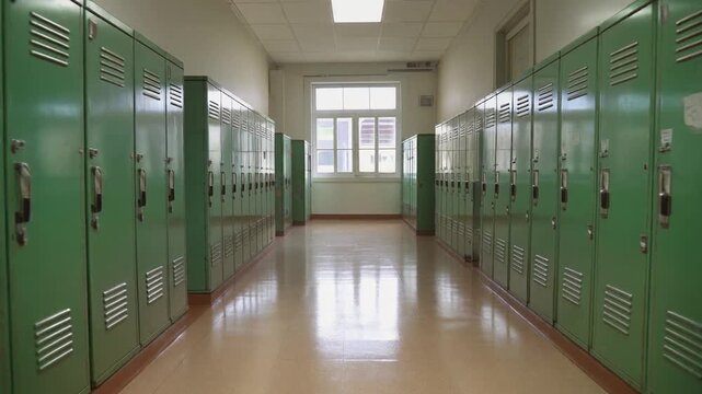 A deserted school corridor, its green lockers standing silent, embodying the profound sense of Liminality within a transient space