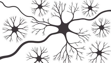 Black silhouette neuron cells with branching dendrites