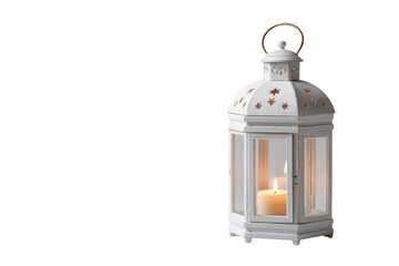 White metal lantern with lit candle and star cutouts on black background image, Png, Isolated on Transparent Background, Cut Out