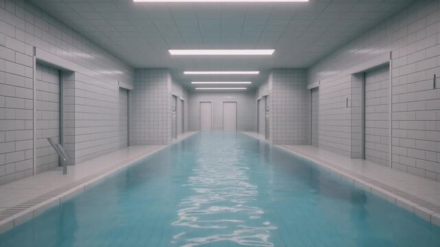 Unveiling the uncanny liminality of a forgotten indoor pool within an endless white corridor, where identical doors hint at unknown destinations