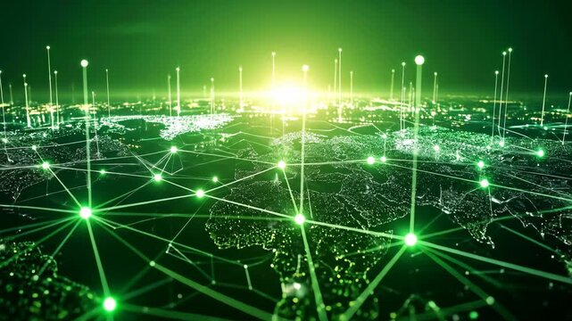 Global network connections illuminate the earth with bright green lights and futuristic technology.