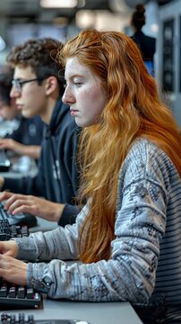 Selective focus. Students learning computer skills in classroom setting