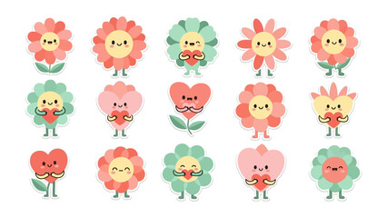 Obraz premium Floral Companions: A charming collection of anthropomorphic flower and heart characters, each radiating affection as they embrace miniature hearts.