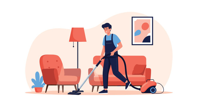Male professional cleaner in blue overalls using a vacuum cleaner to tidy a cozy living room with orange furniture and decor. - Powered by Adobe