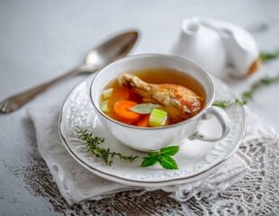 Delicate Setting Chicken & Vegetable Bone Broth Soup with Drumstick on Bone, Carrot, Celery, Onion and Bay Leaf, Minimal Light D&eacute;cor
