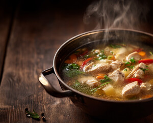 Caldo de Pollo Simmering with Lightly Golden Clear Broth, Tender Intact Chicken Pieces, and Gentle Home Kitchen Steam