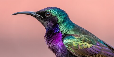 Close up profile view of vibrant iridescent sunbird featuring long curved beak and shimmering purple green feathers on pink back