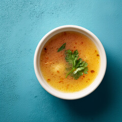 Top-View Chicken Soup in White Bowl on Blue Background, Golden Broth with Light Orange Liquid and Curly Green Herb