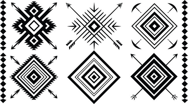 Tribal geometric vector ornaments set. Black Aztec, Navajo and ethnic style patterns collection.