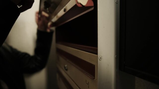 Woman In Apartment Building Hallway Checking Mailbox Close Up