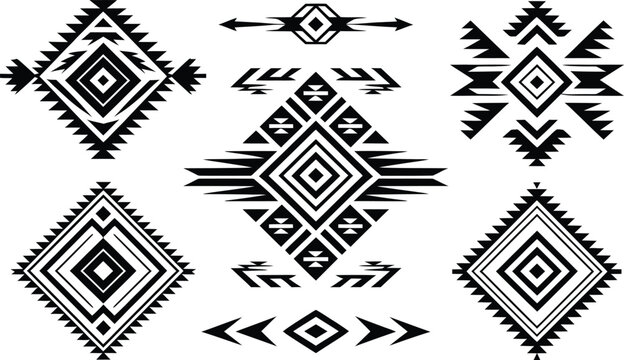 Tribal geometric vector ornaments set. Black Aztec, Navajo and ethnic style patterns collection.