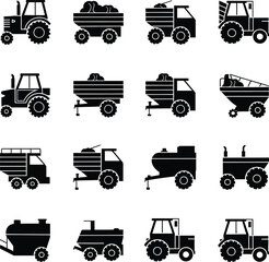 Farm Machinery and Agriculture Vehicle Icons Set, vector illustration