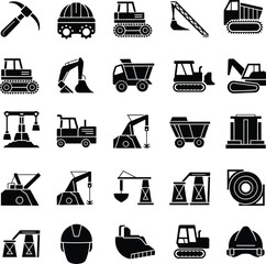 Mining and Construction Heavy Machinery Glyph Icon Set: Excavator, Bulldozer, Truck, and Industrial Tools Silhouette Vector Collection