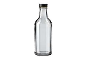 Clear glass bottle with black and gold cap isolated on black transparent empty, Png, Isolated on Transparent Background, Cut Out
