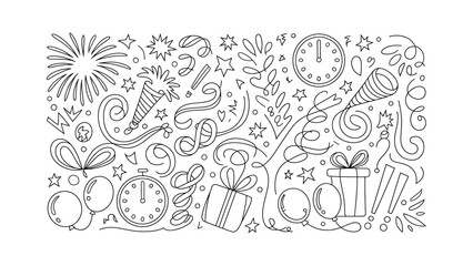 Festive doodles illustration: A whimsical assortment of doodles including fireworks, confetti, balloons, and clocks to celebrate an event.