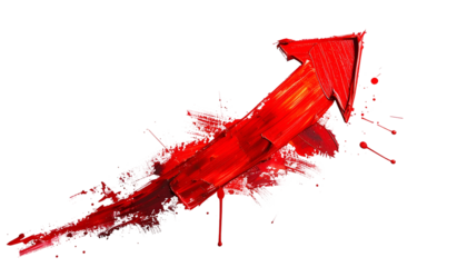 Bold red painted arrow pointing upwards, with paint splash effects, on a stark black background