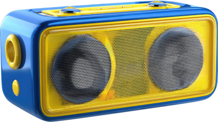A vintage yellow radio cassette player featuring a retro design rests near an old vehicle and a camera tool under a soft light level