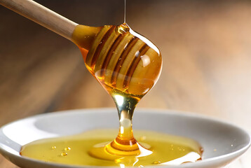 Golden Honey Dripping from Wooden Honey Dipper
