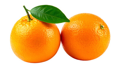 Two ripe oranges with one green leaf on a stem, against a plain black background