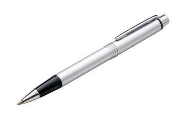 A single luxury silver metal ballpoint pen isolated on a white background serves as a professional business writing tool and instrument for office signatures on paper