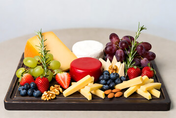 Cheese Platter with Grapes and Nuts on Wooden Board