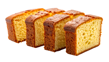 Close-up of four sliced golden-brown rectangular loaf cake pieces on a black backdrop