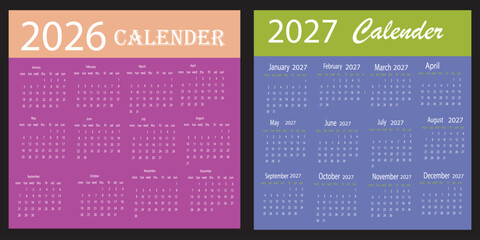Monthly calendar template for 2026-2027 year. The Week start on Sunday. Desk calendar 2026-2027  design, simple and clean design, Wall calendar for print, digital calendar, Corporate design planner .