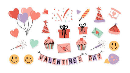 Valentine's Day Elements: A charming collection of Valentine's Day elements, including heart-shaped balloons, gifts, cupcakes, and festive banners, perfect for creating romantic designs.