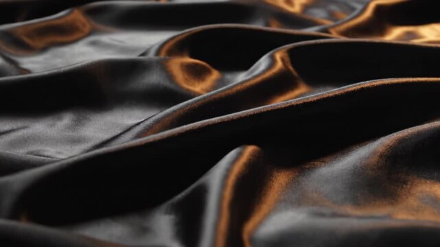 Black satin fabric sheen glossy silk texture soft drape fabric fold smooth surface draped cloth reflective sheen black color warm highlight luxury textile closeup opaque smooth glossy satin silk