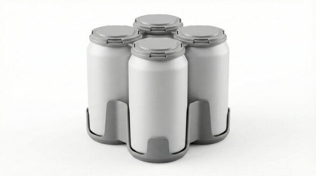Blank Matte White Aluminum Can 4-Pack Mockup in Grey Plastic Carrier on White Background