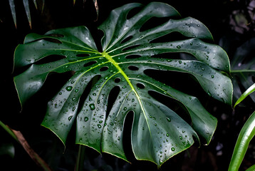 Green Monstera Leaf Texture with Natural Water Drops